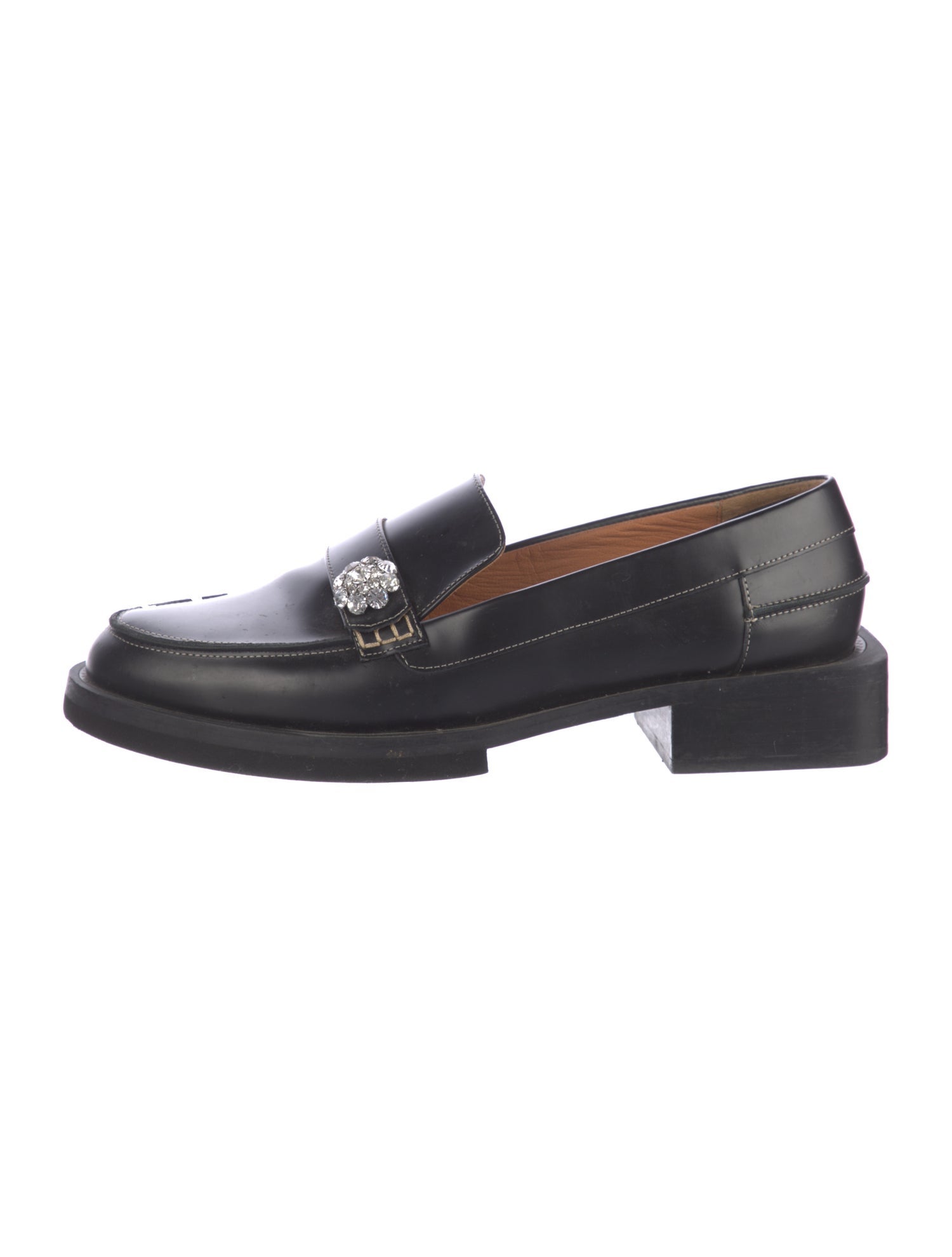 Ganni Leather Crystal Embellishments Loafers