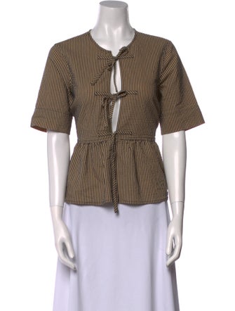 Ganni Striped Tie Neck Top