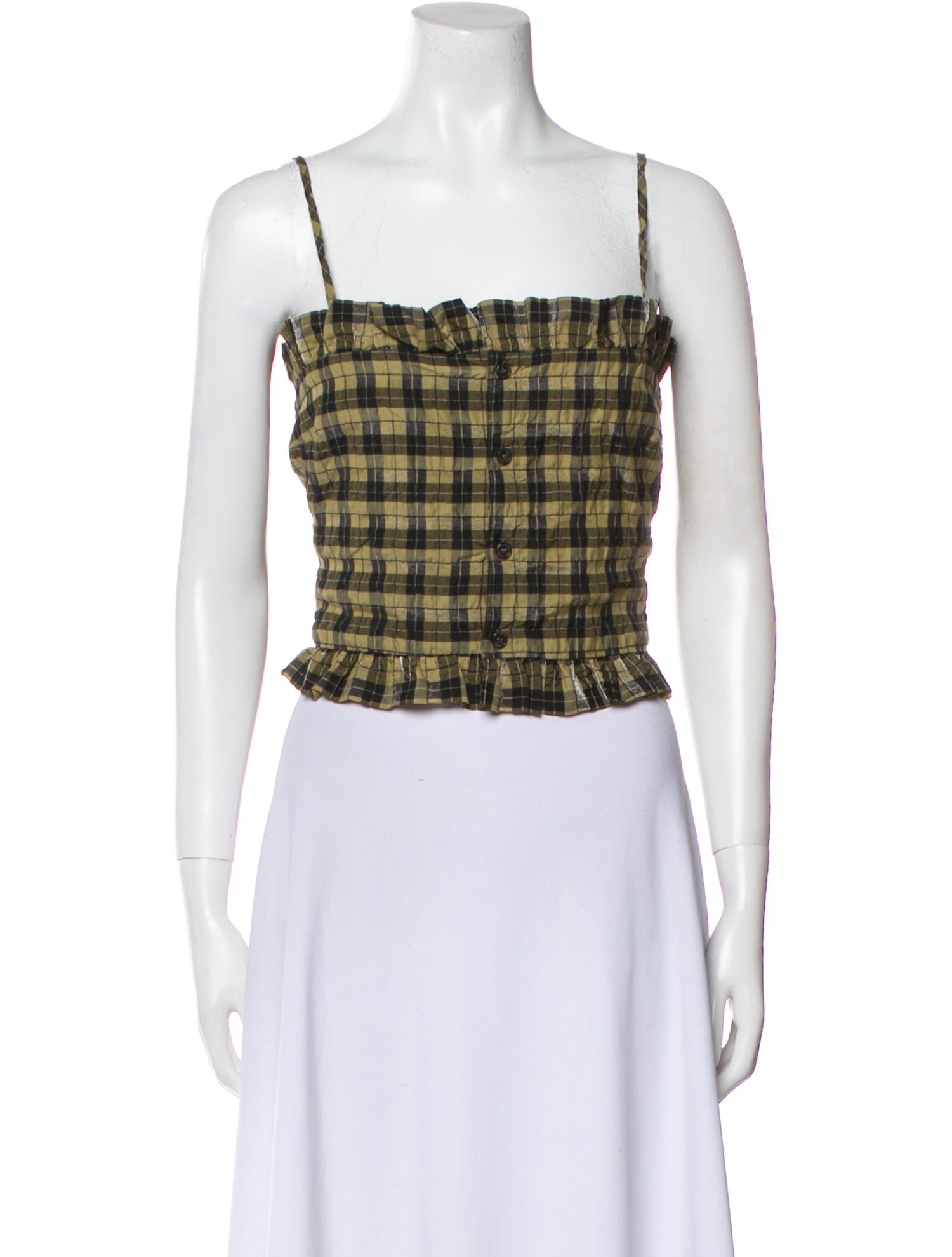 Ganni Plaid Print Square Neckline Crop Top