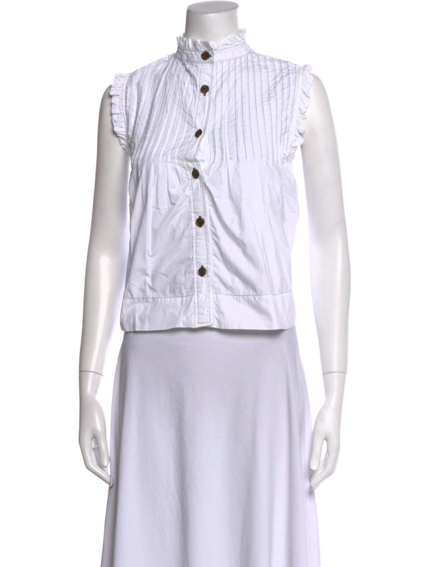 Ganni Striped Mock Neck Button-Up Top