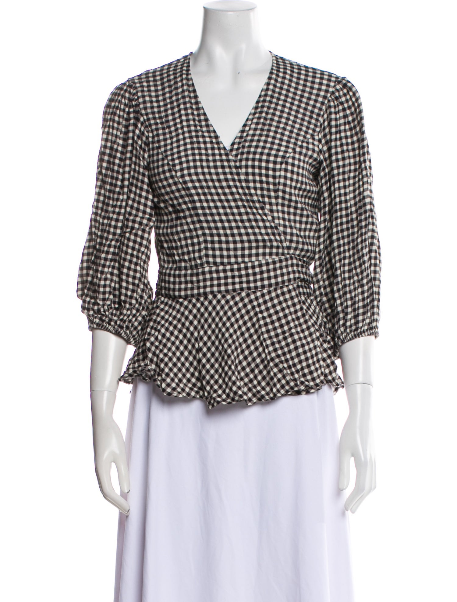 Ganni Plaid Print V-Neck Blouse