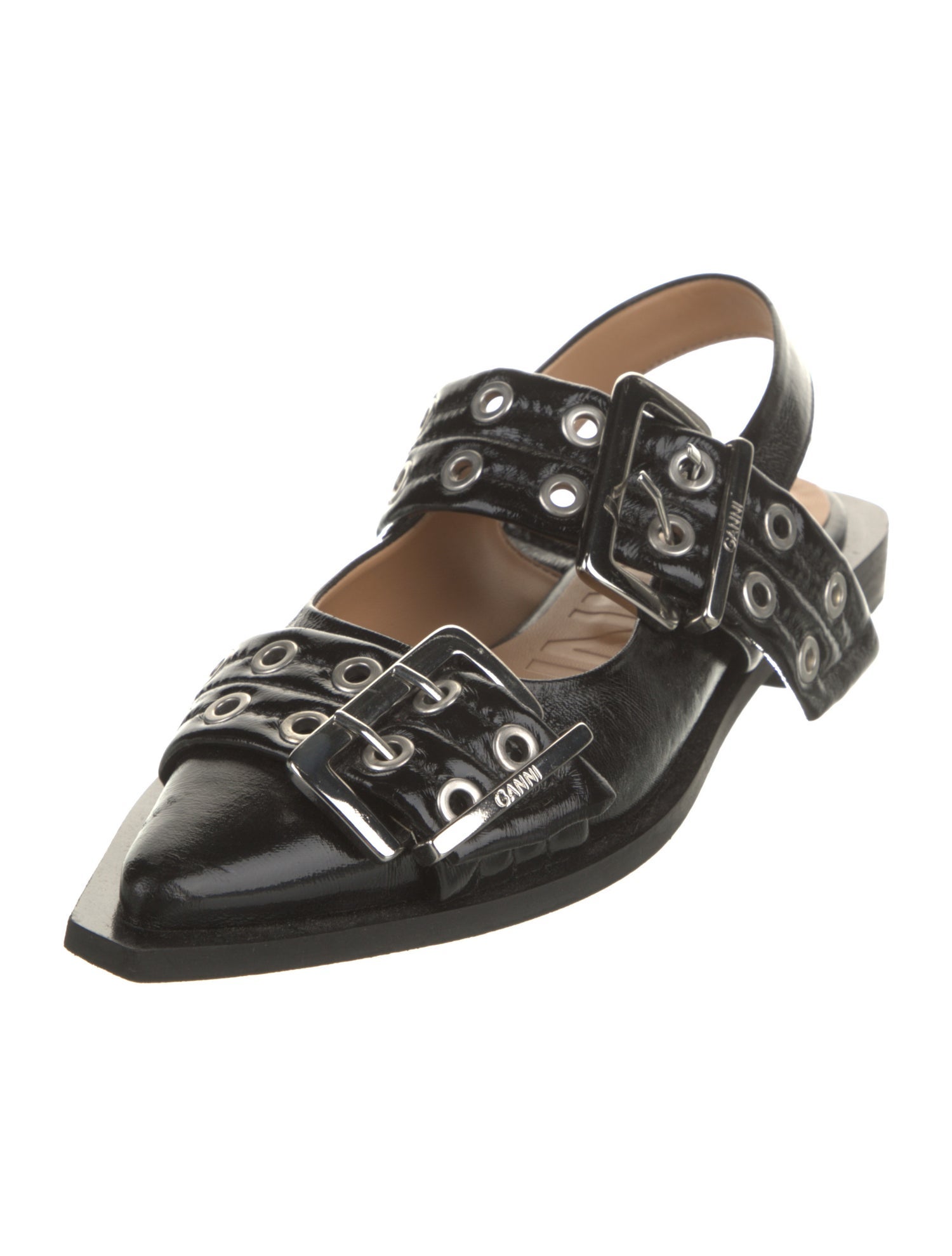 Ganni Patent Leather Leather Trim Embellishment Slingback Sandals