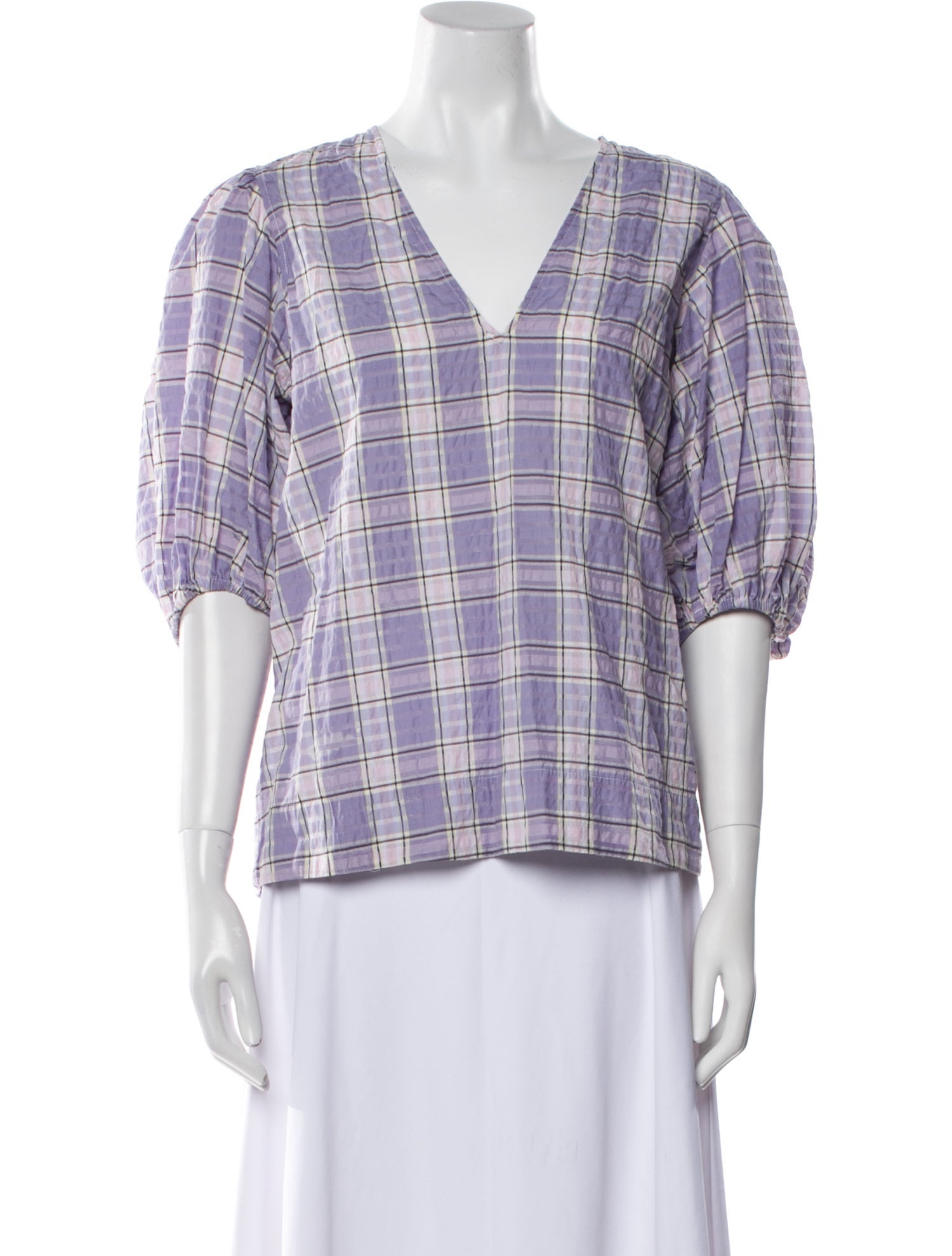 Ganni Plaid Print V-Neck Blouse