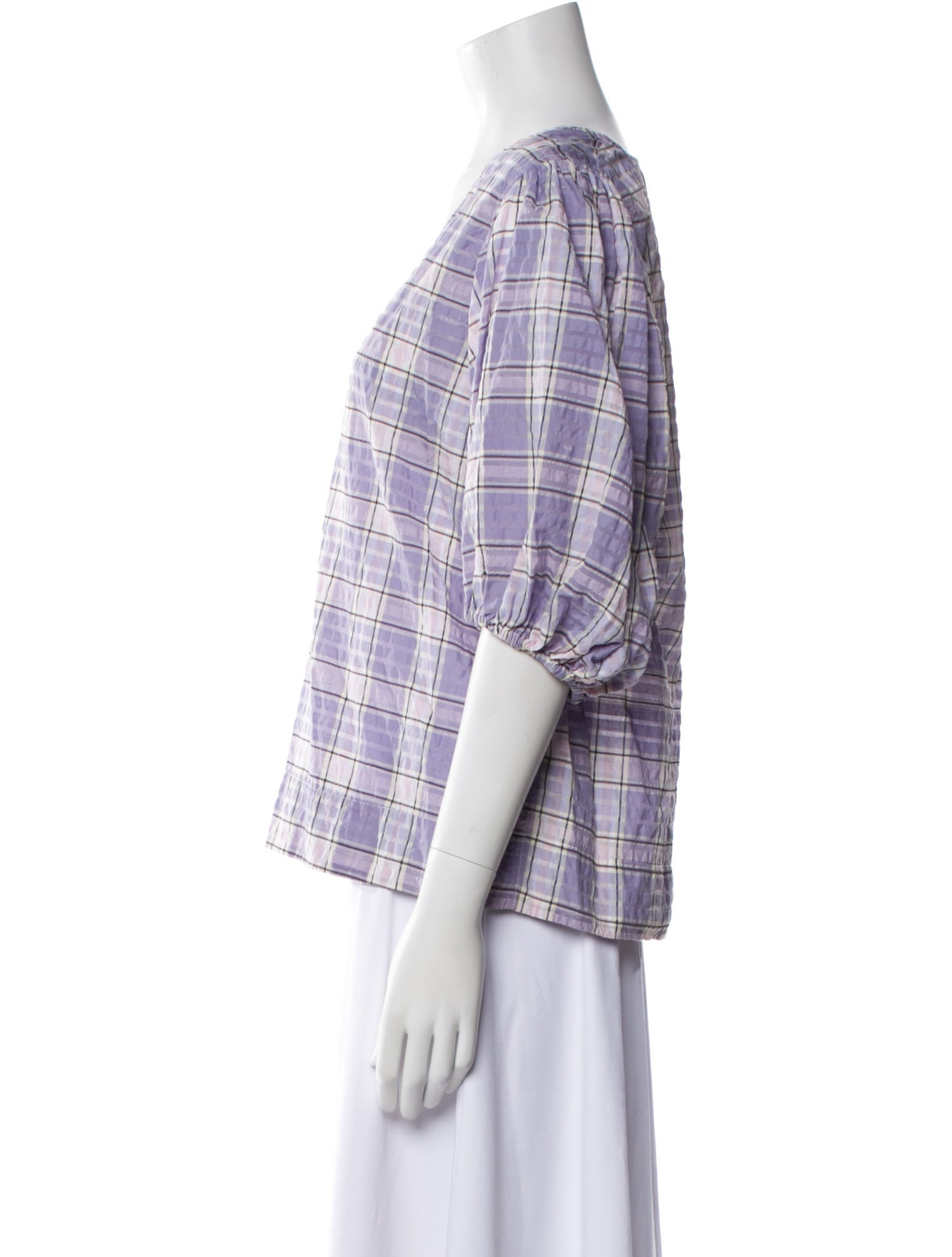 Ganni Plaid Print V-Neck Blouse