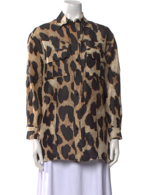 Ganni Linen Animal Print Button-Up Top