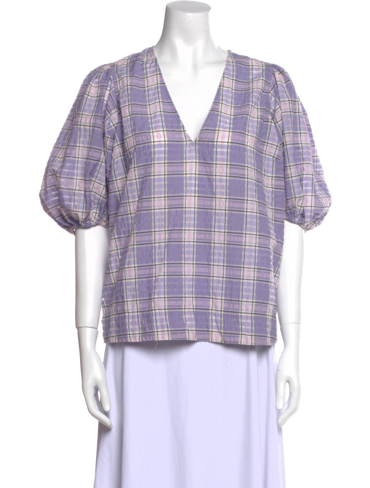 Ganni Plaid Print V-Neck Blouse