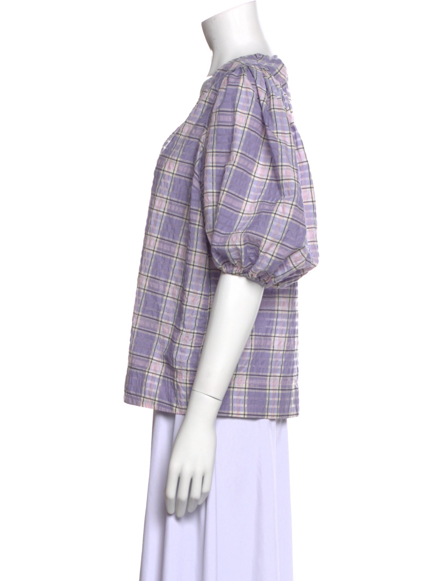 Ganni Plaid Print V-Neck Blouse