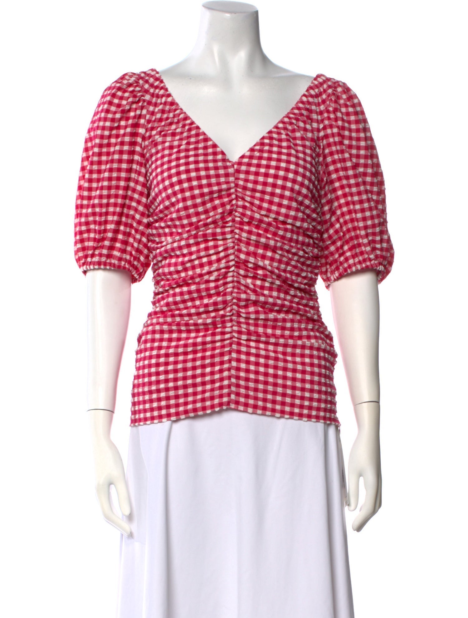 Ganni Plaid Print V-Neck Blouse