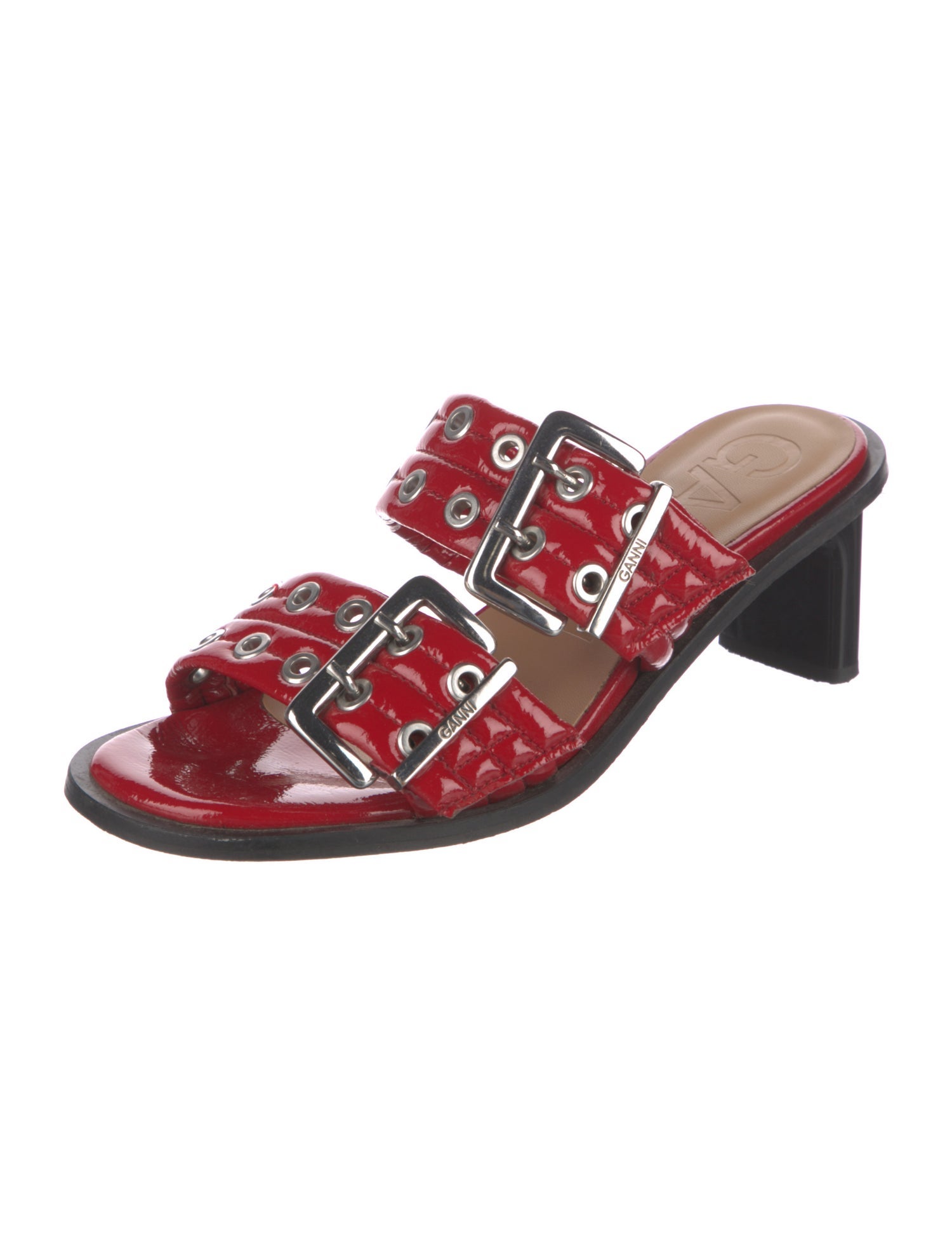 Ganni Patent Leather Colorblock Pattern Slides