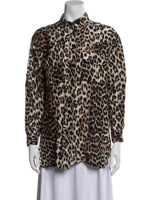Ganni Linen Animal Print Button-Up Top