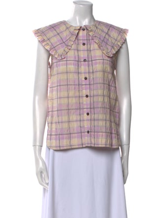 Ganni Plaid Print Crew Neck Blouse