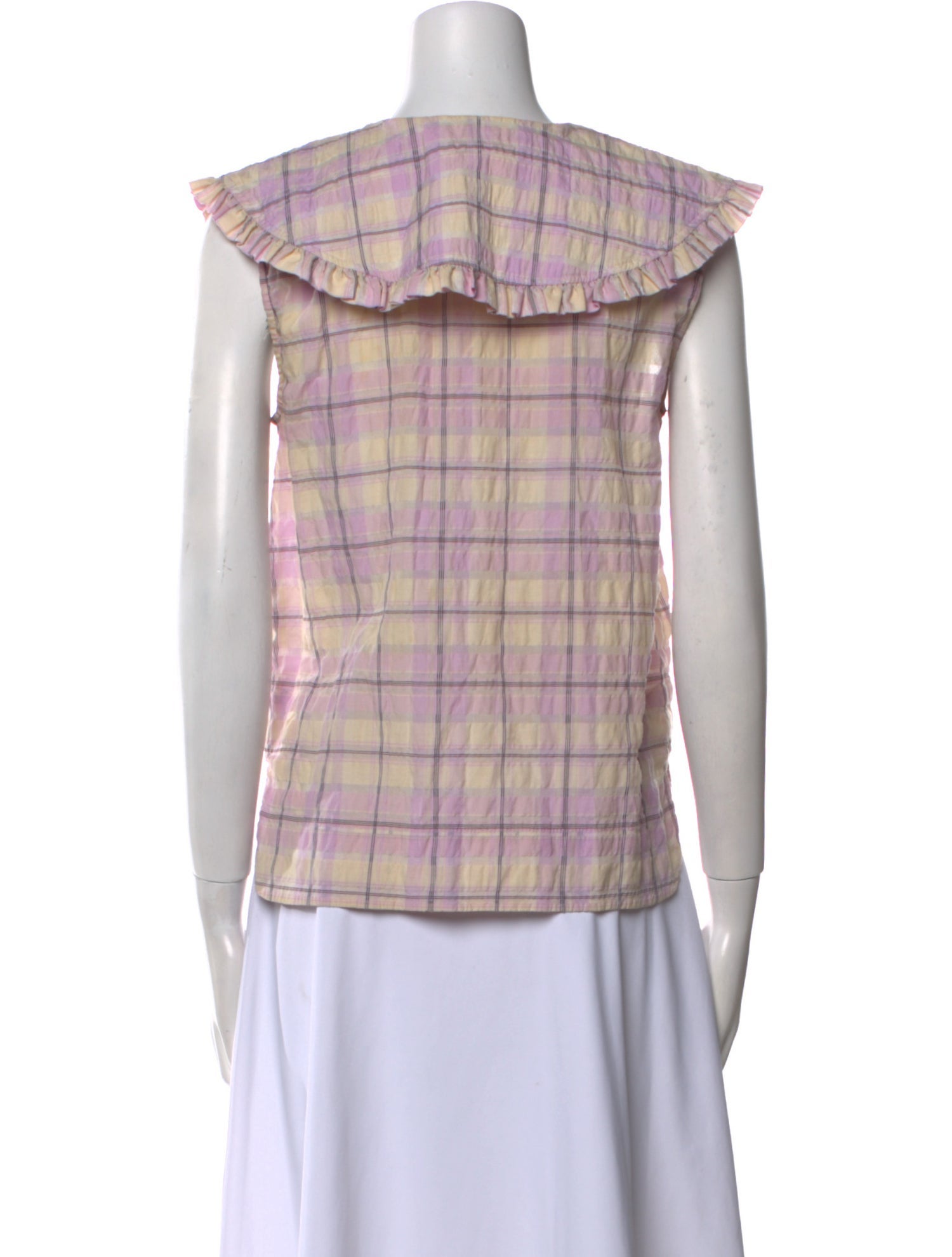 Ganni Plaid Print Crew Neck Blouse