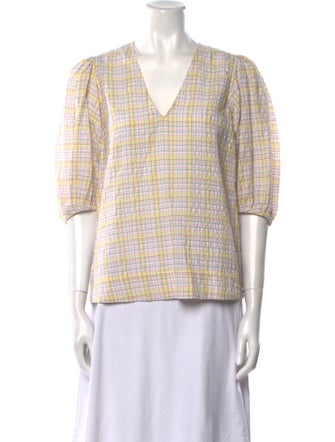 Ganni Plaid Print V-Neck Blouse