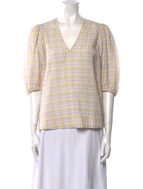 Ganni Plaid Print V-Neck Blouse