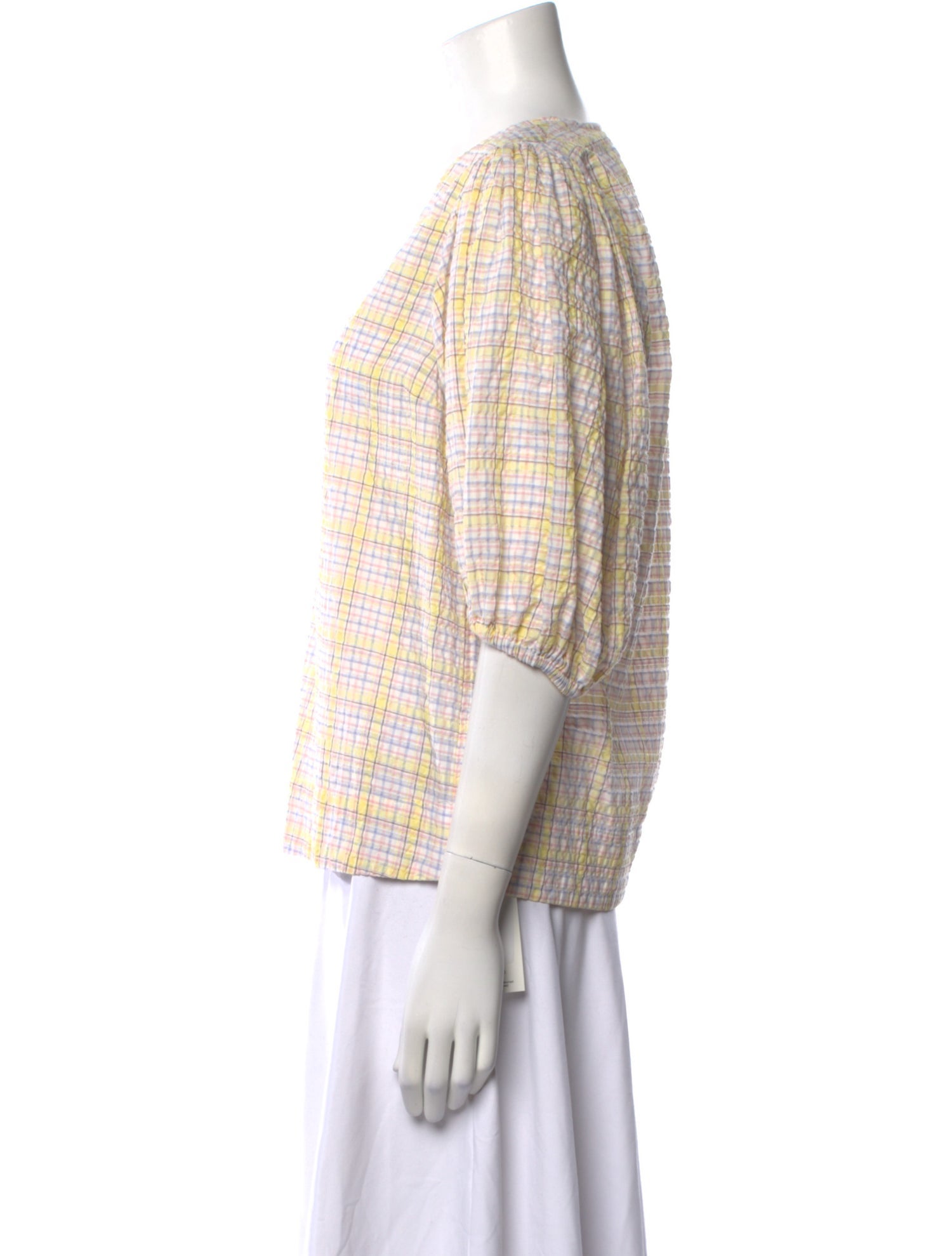 Ganni Plaid Print V-Neck Blouse