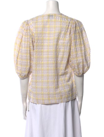 Ganni Plaid Print V-Neck Blouse