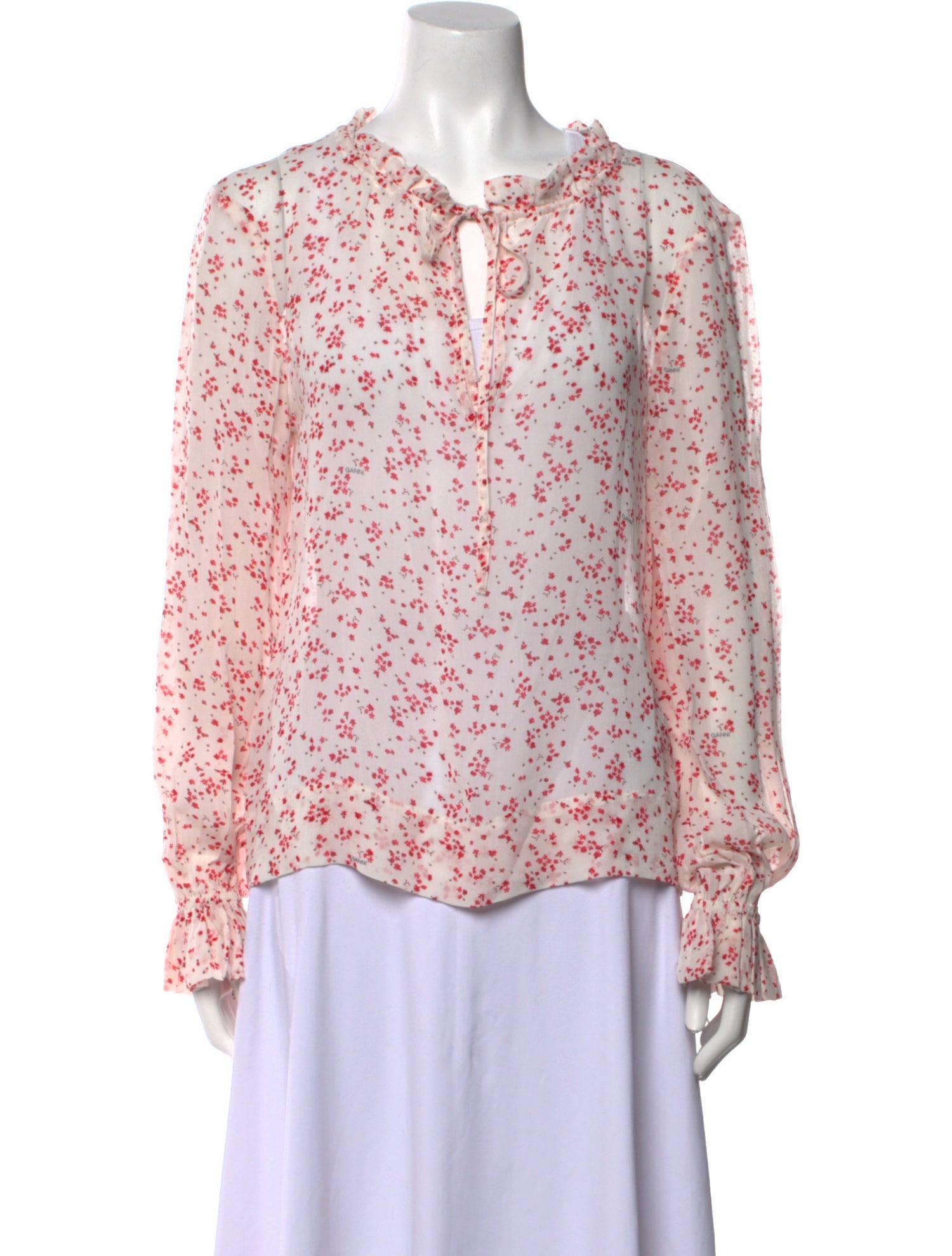 Ganni Floral Print Tie Neck Blouse