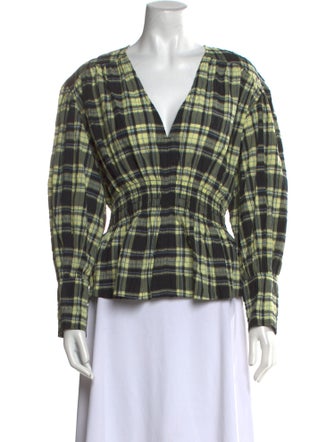 Ganni Plaid Print V-Neck Button-Up Top
