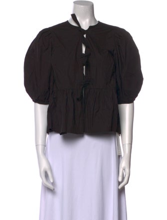 Ganni Tie Neck Short Sleeve Crop Top