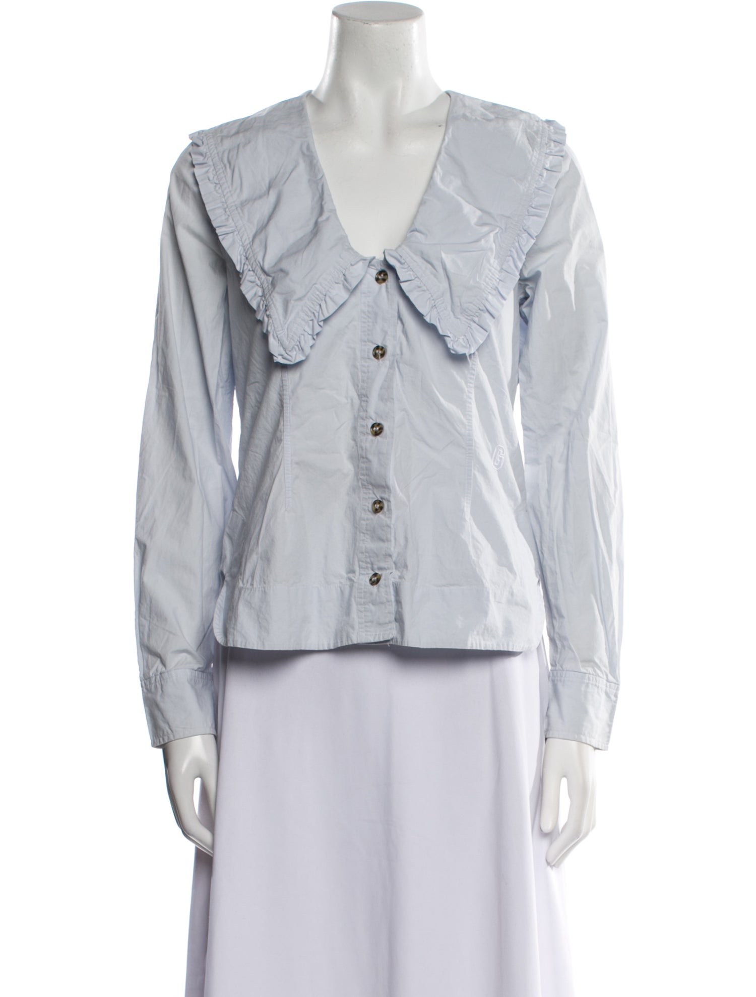 Ganni V-Neck Long Sleeve Button-Up Top