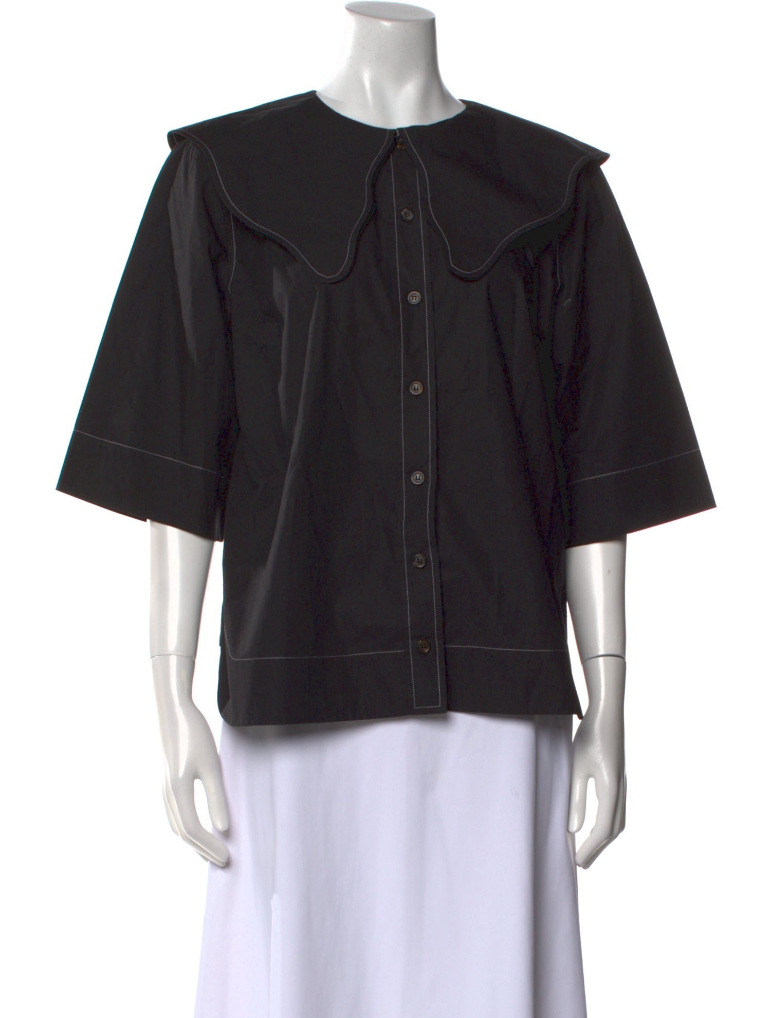 Ganni Crew Neck Three-Quarter Sleeve Button-Up Top