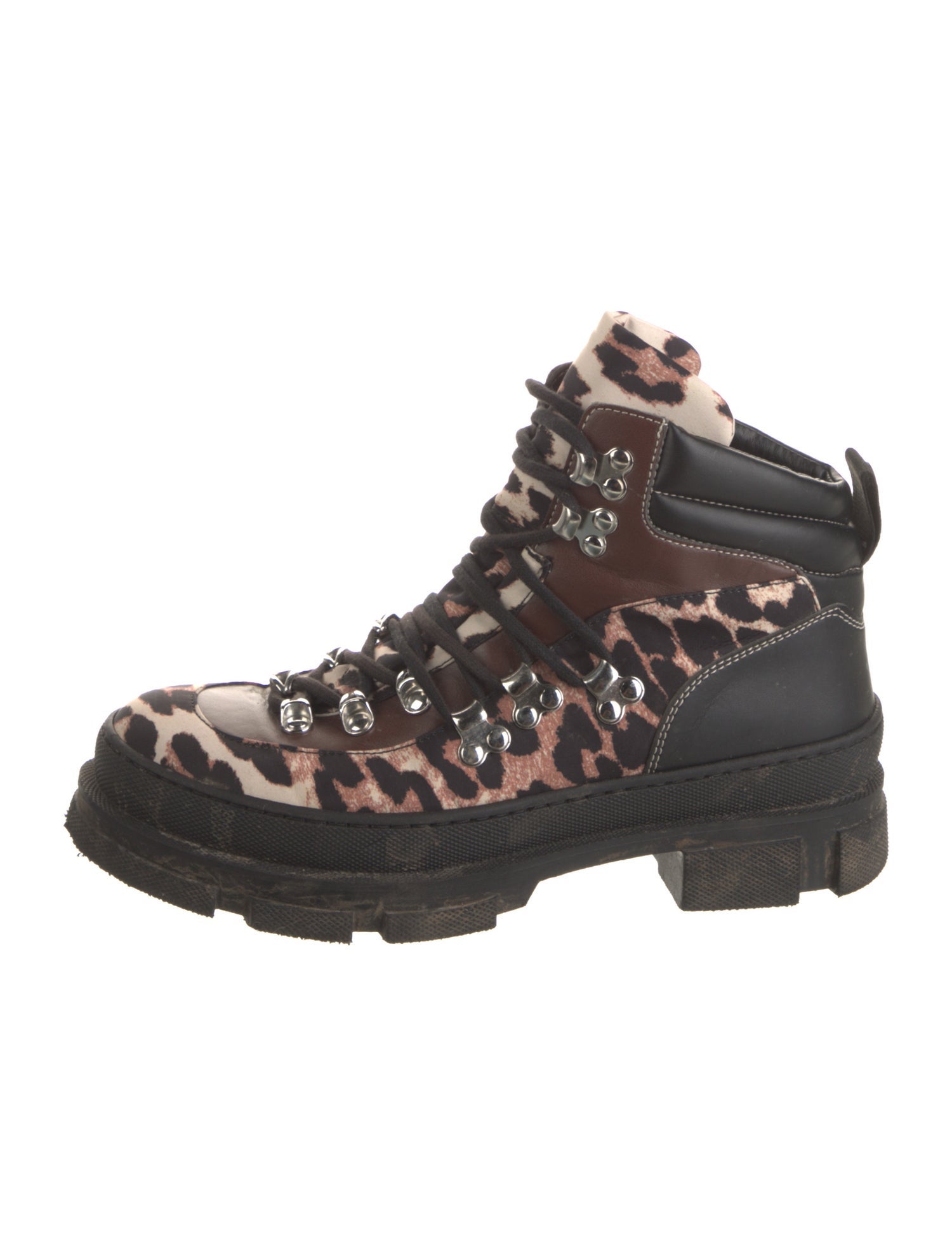 Ganni Leather Animal Print Hiking Boots