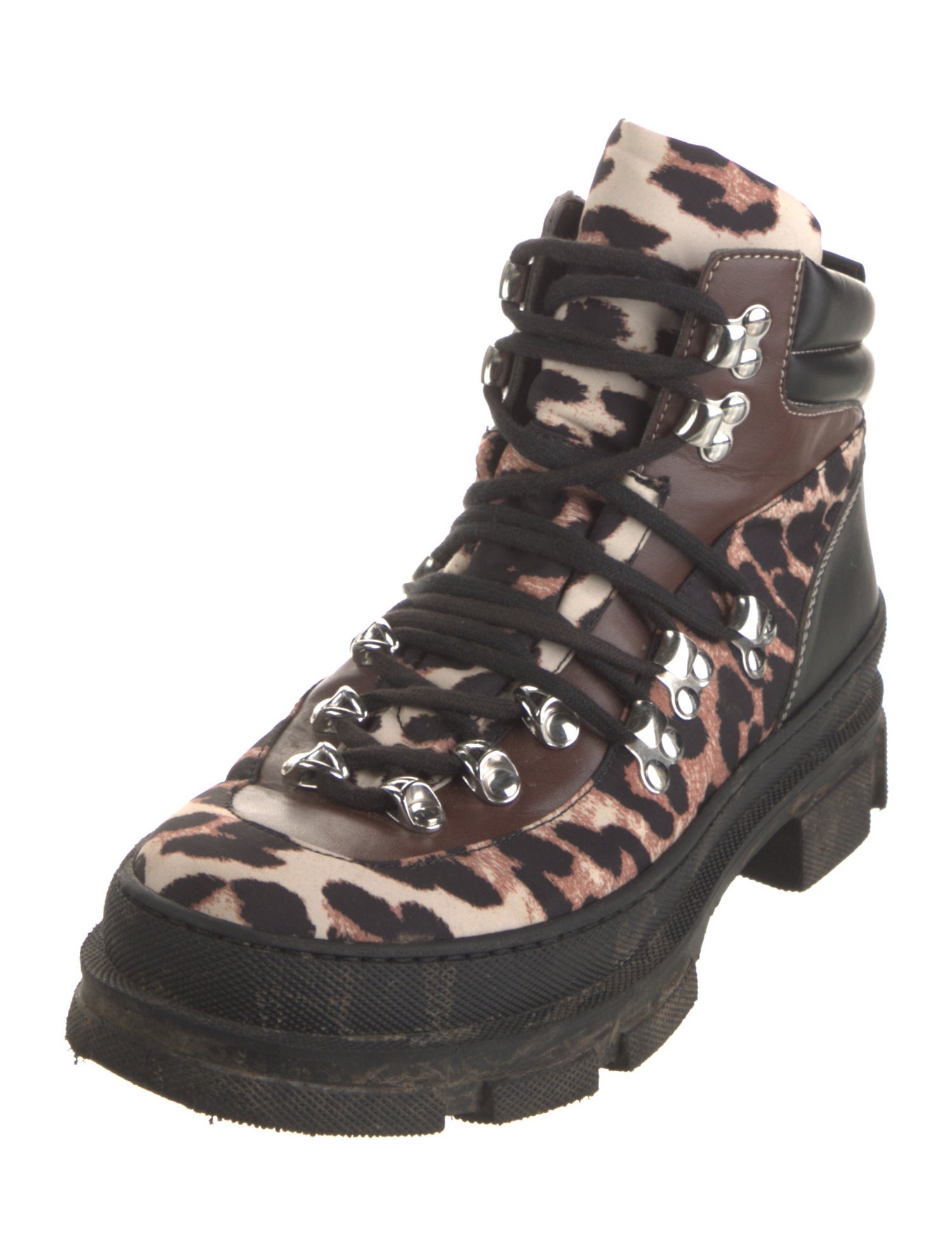 Ganni Leather Animal Print Hiking Boots