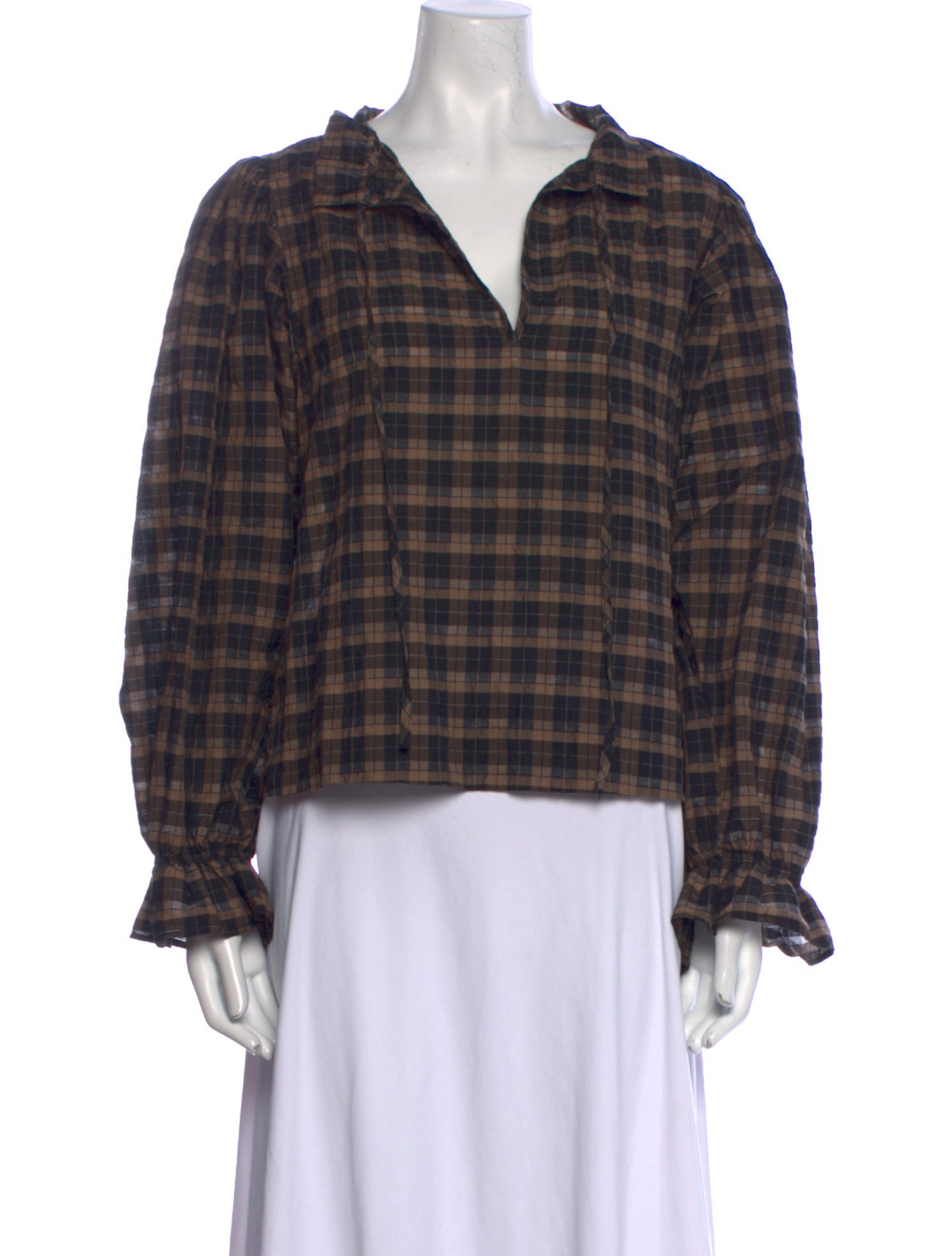 Ganni Plaid Print Long Sleeve Blouse