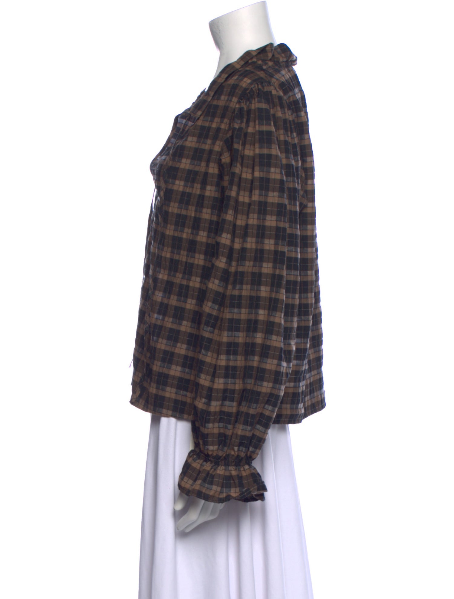 Ganni Plaid Print Long Sleeve Blouse