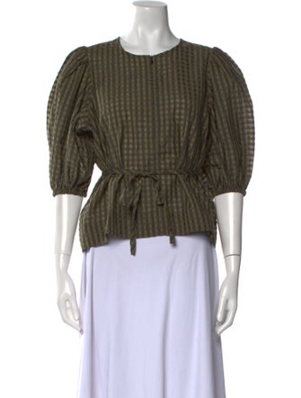 Ganni Plaid Print Crew Neck Crop Top