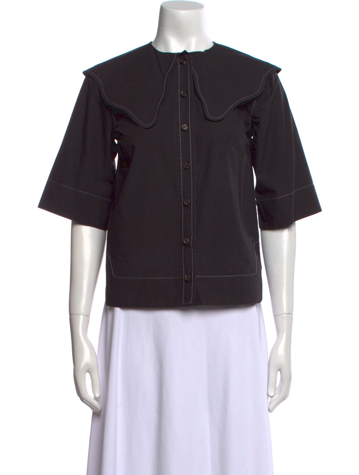 Ganni Crew Neck Short Sleeve Button-Up Top