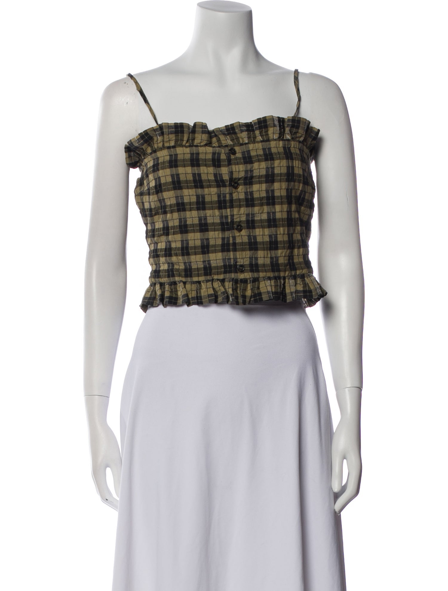 Ganni Plaid Print Square Neckline Crop Top