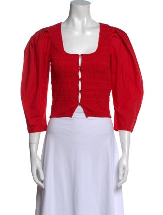 Ganni Square Neckline Three-Quarter Sleeve Crop Top