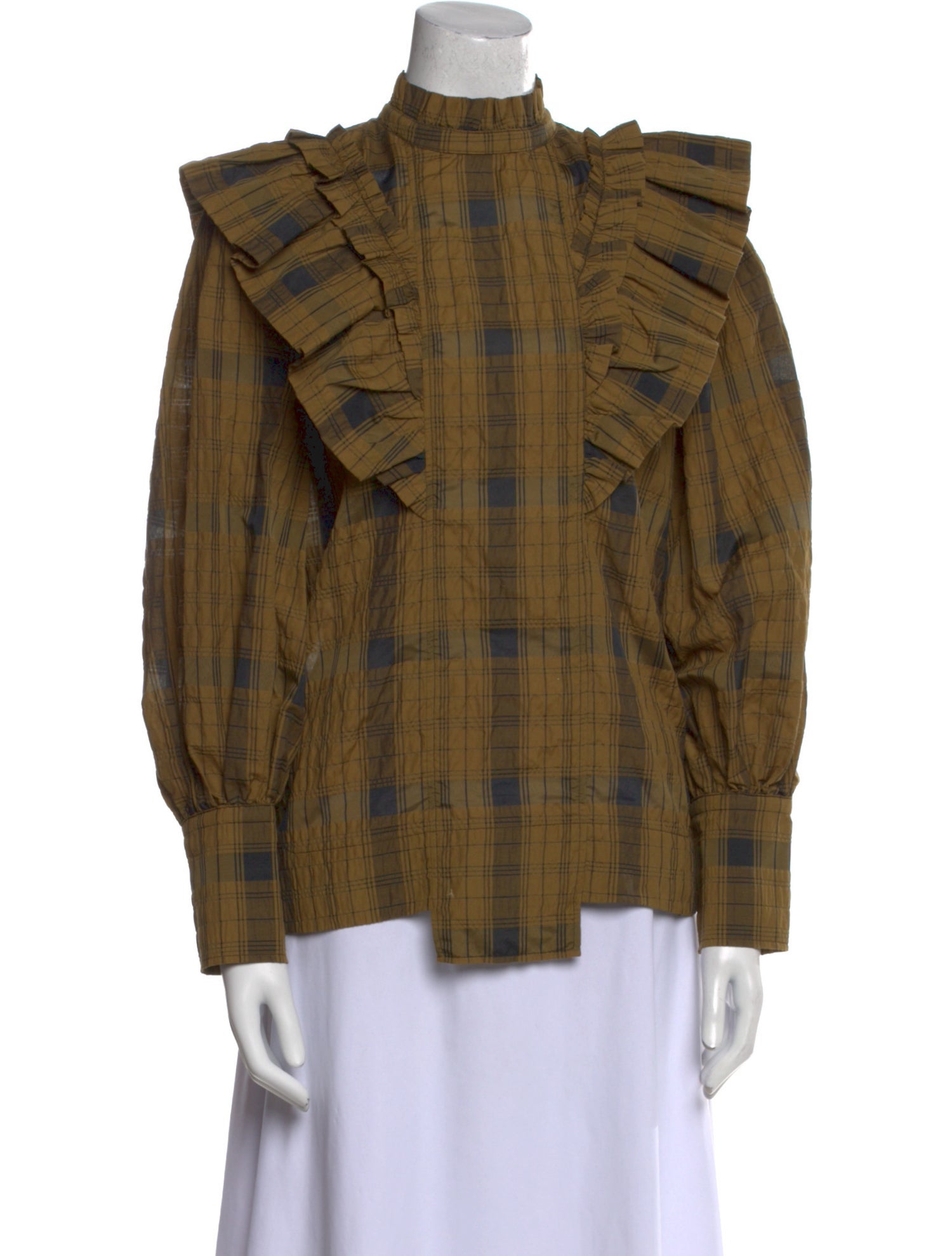 Ganni Plaid Print Mock Neck Blouse