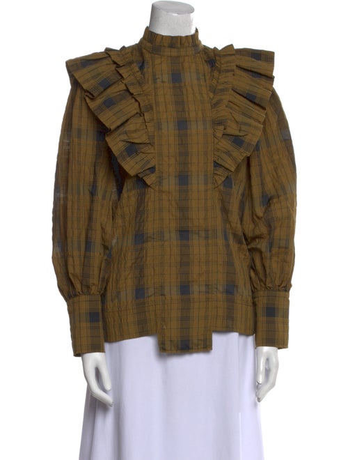 Ganni Plaid Print Mock Neck Blouse