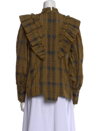 Ganni Plaid Print Mock Neck Blouse