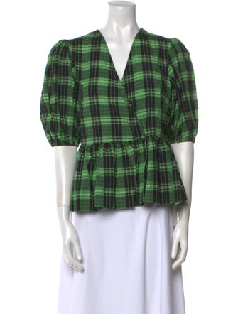 Ganni Plaid Print V-Neck Crop Top