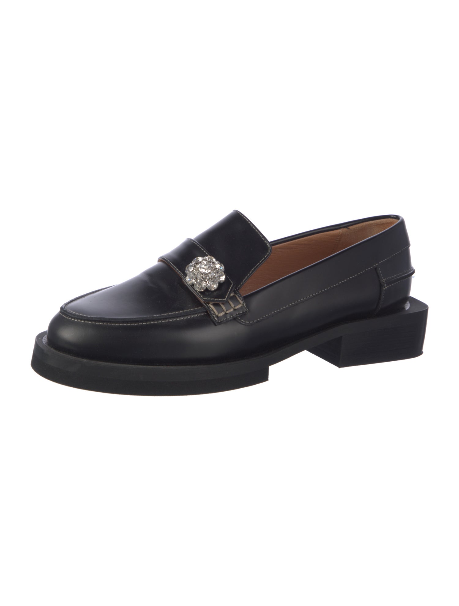 Ganni Leather Crystal Embellishments Loafers