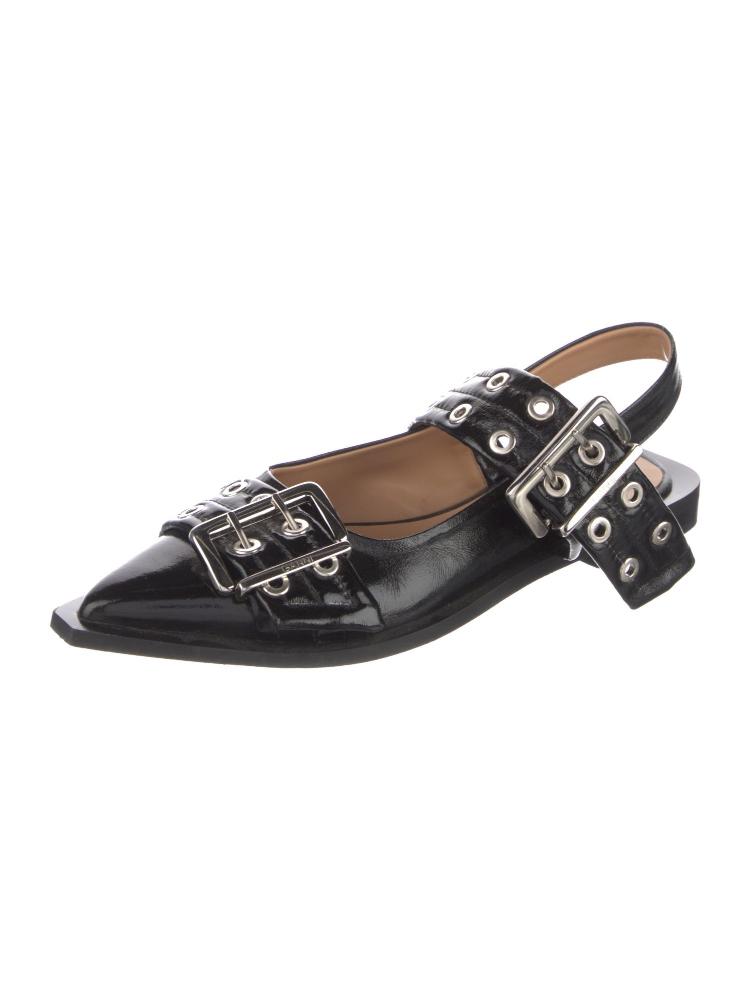 Ganni Patent Leather Studded Accents Slingback Flats