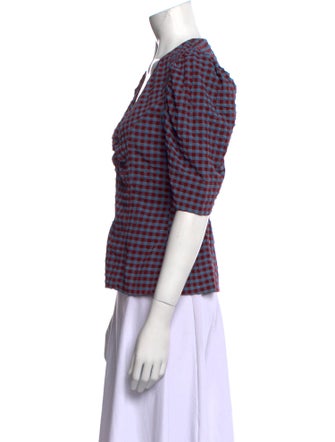 Ganni Plaid Print V-Neck Blouse