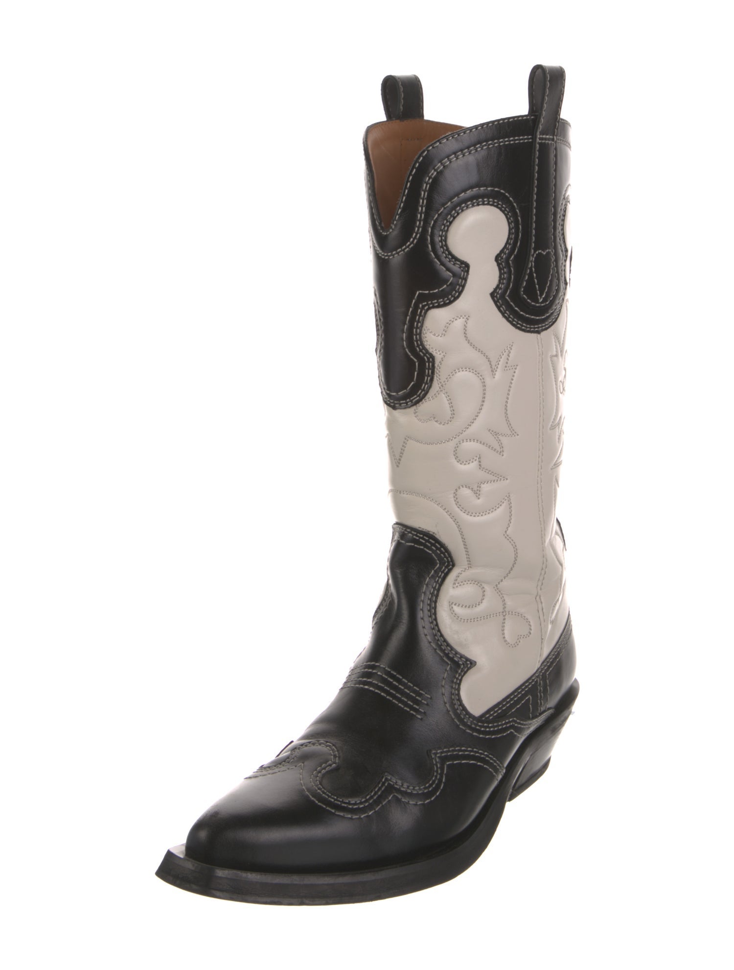 Ganni Leather Colorblock Pattern Western Boots