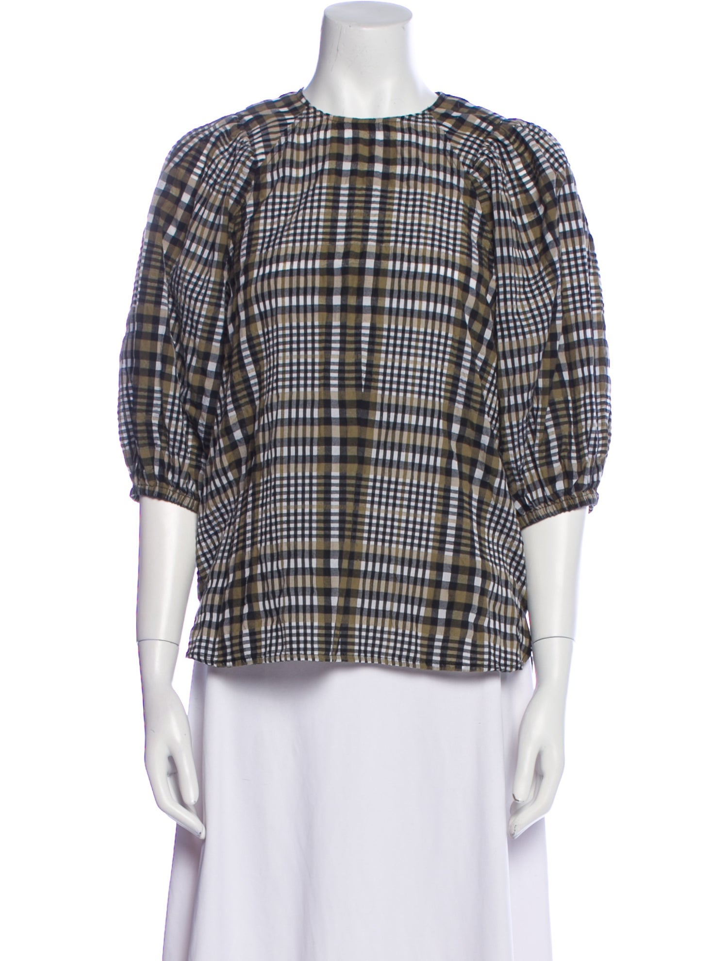 Ganni Plaid Print Crew Neck Blouse