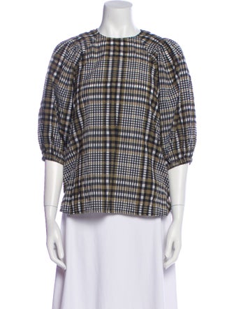 Ganni Plaid Print Crew Neck Blouse
