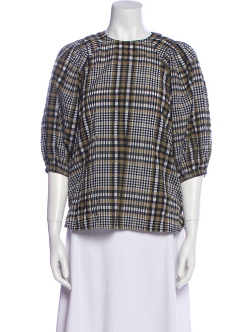 Ganni Plaid Print Crew Neck Blouse