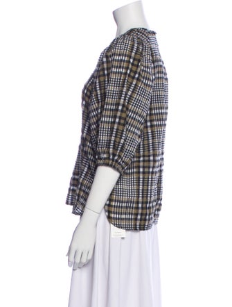 Ganni Plaid Print Crew Neck Blouse