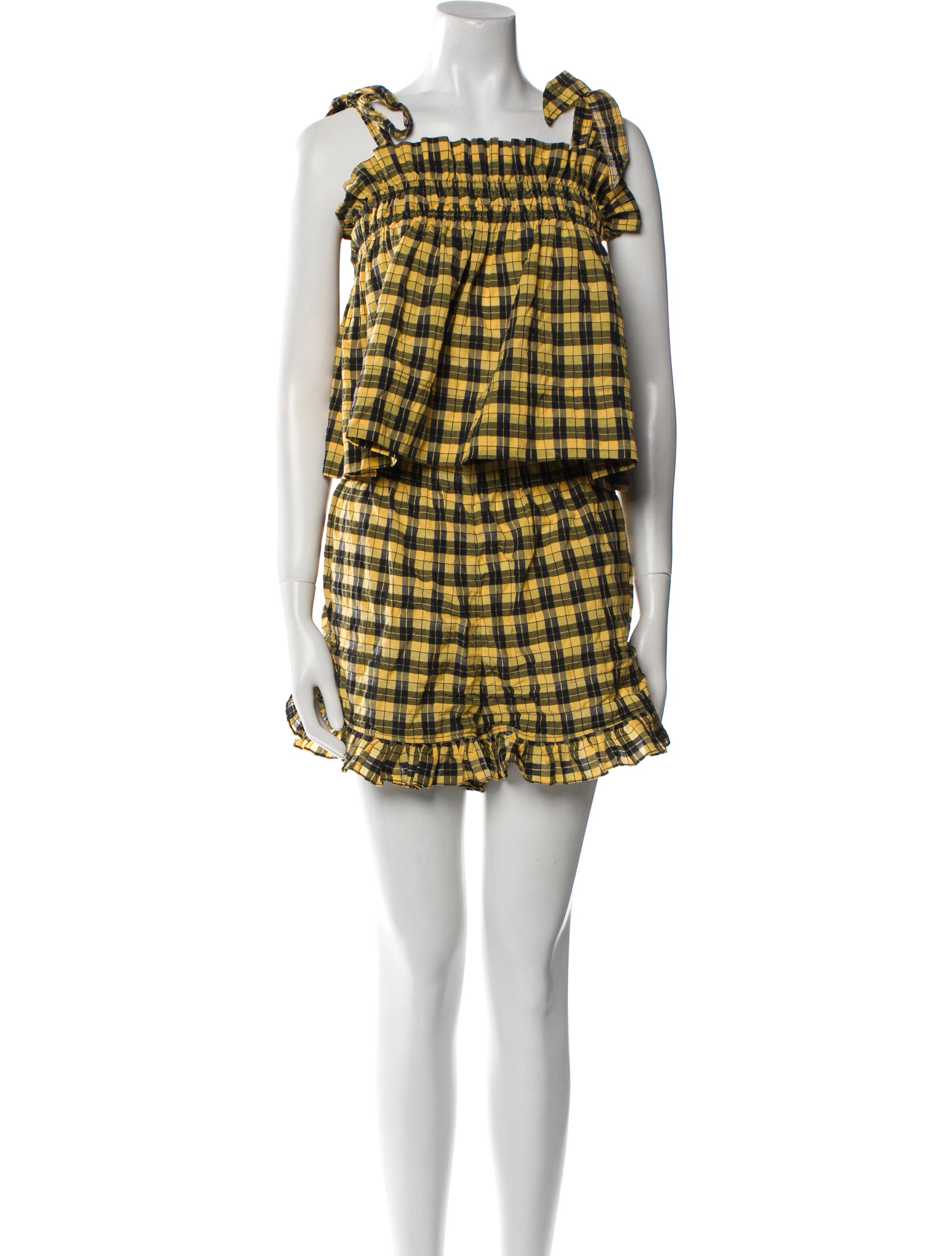 Ganni Plaid Print Ruffle Embellishment Short Set