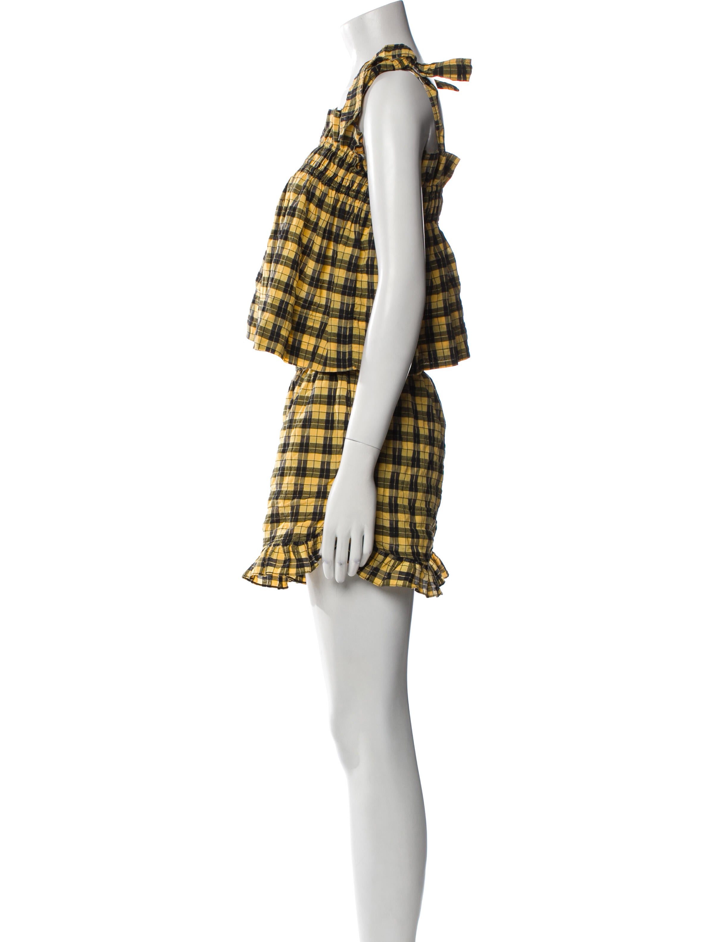 Ganni Plaid Print Ruffle Embellishment Short Set