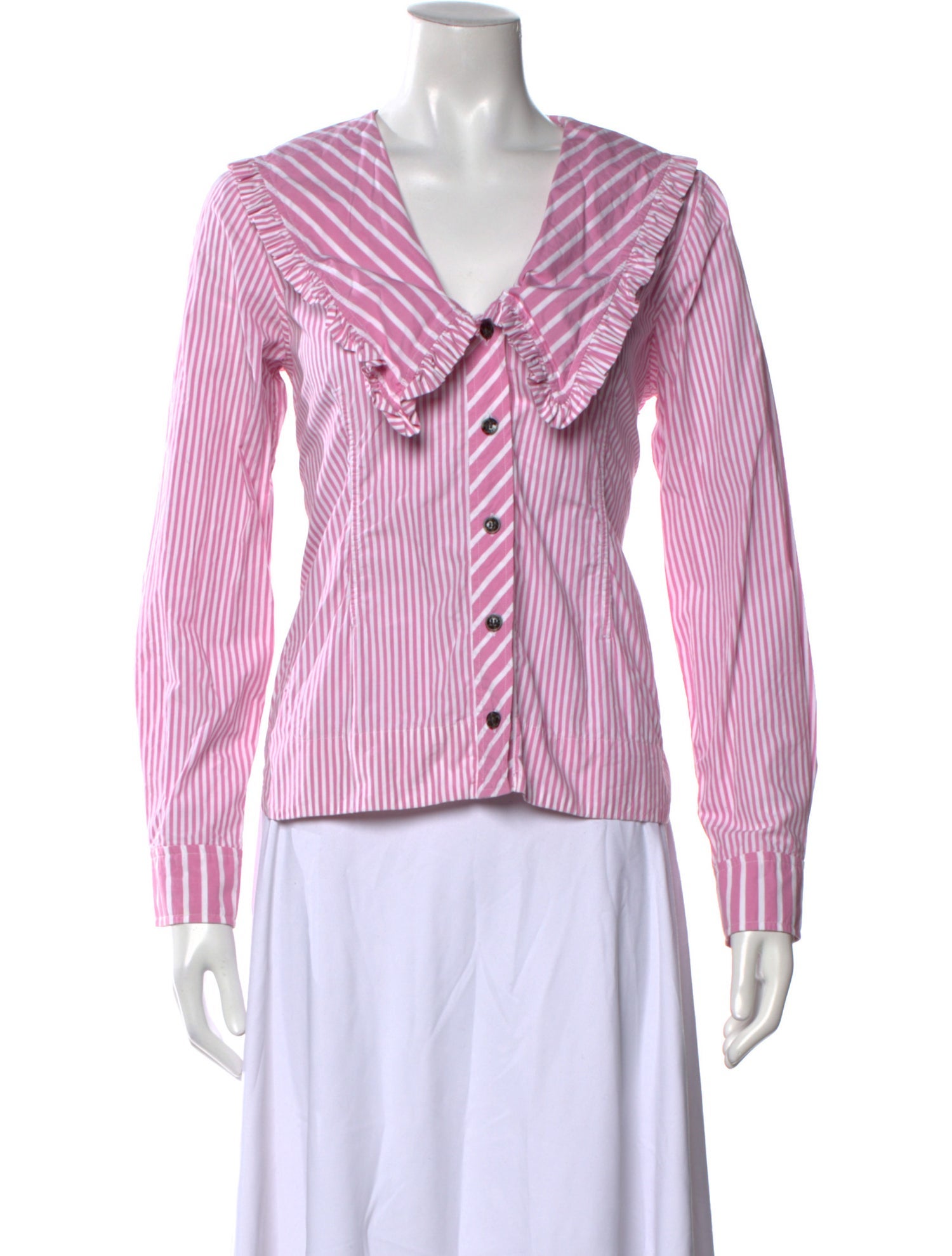 Ganni Striped V-Neck Button-Up Top