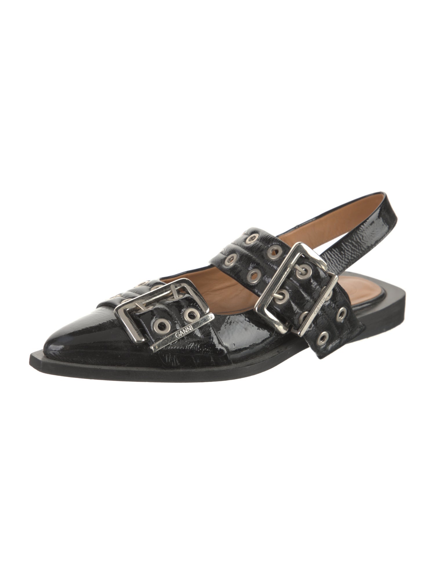 Ganni Patent Leather Eyelet Trim Slingback Flats