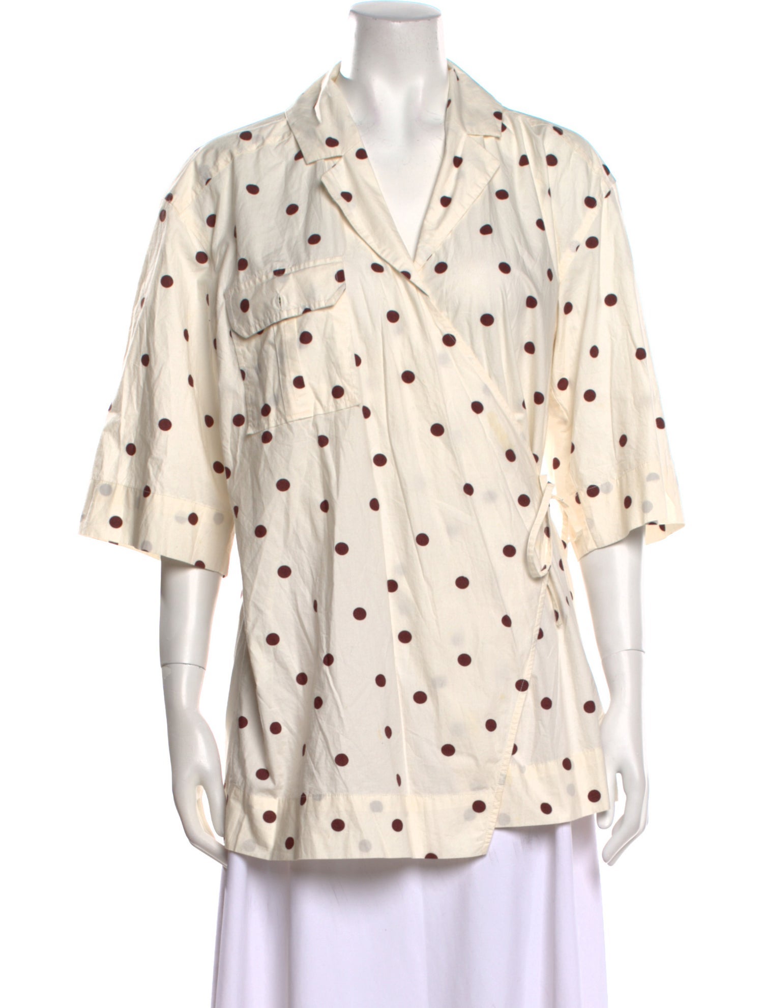 Ganni Polka Dot Print Three-Quarter Sleeve Button-Up Top